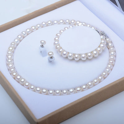 925 Sterling Silver freshwater Pearl Sets Necklace Bracelet Earrings